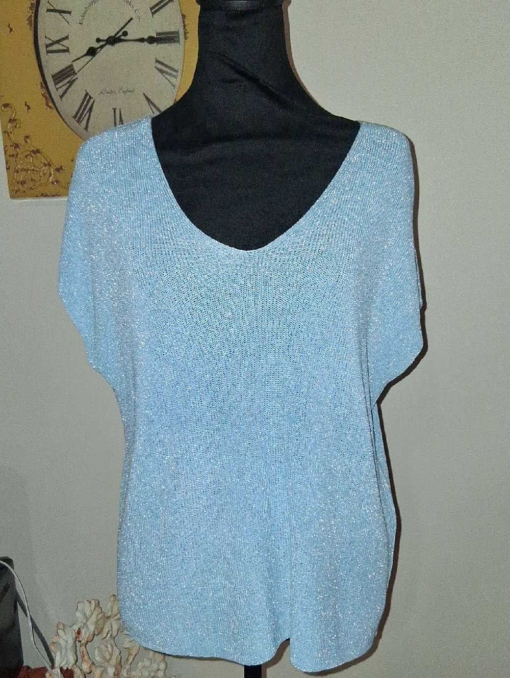 CeCe Light Blue Metallic V-Neck Sweater